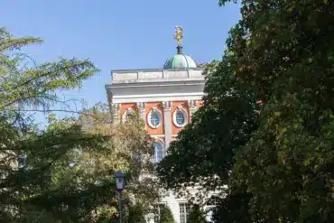 Kuppel und Fassade des Neuen Palais hinter hohen Bäumen