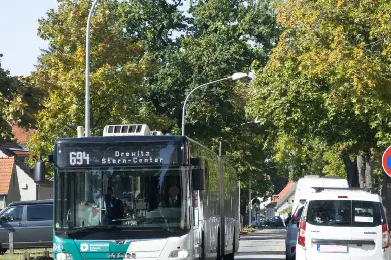 Linienbus 694 Richtung Drewitz/Stern-Center in einer baumgesäumten Straße