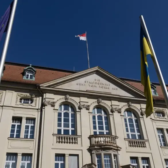 Historisches Regierungsgebäude mit Inschrift „Die Staatsgewalt geht vom Volke aus“, davor EU-, Ukraine- und Brandenburg-Flagge
